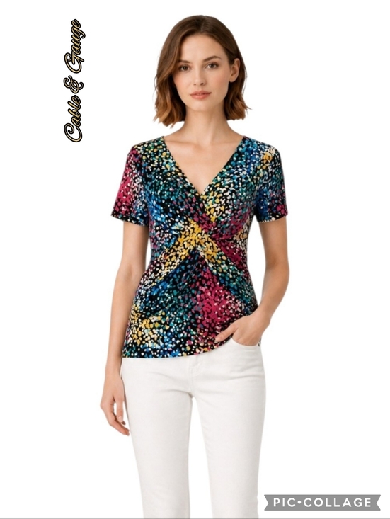 Cable & Gauge Tops - Cable & Gauge black multicolor v-neck twist-front short sleeve top sz lrg